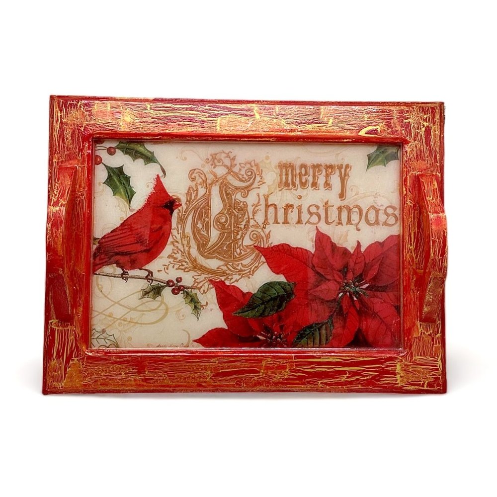Vintage Christmas Serving Tray w/ Handles Cardinal Bird Poinsettia Flower Wood
